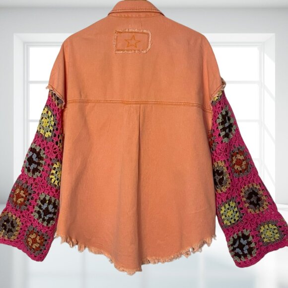 POL Patchwork Crochet Sleeve Denim Shacket | Bohemian Frayed Oversized Jacket M - Picture 3 of 13